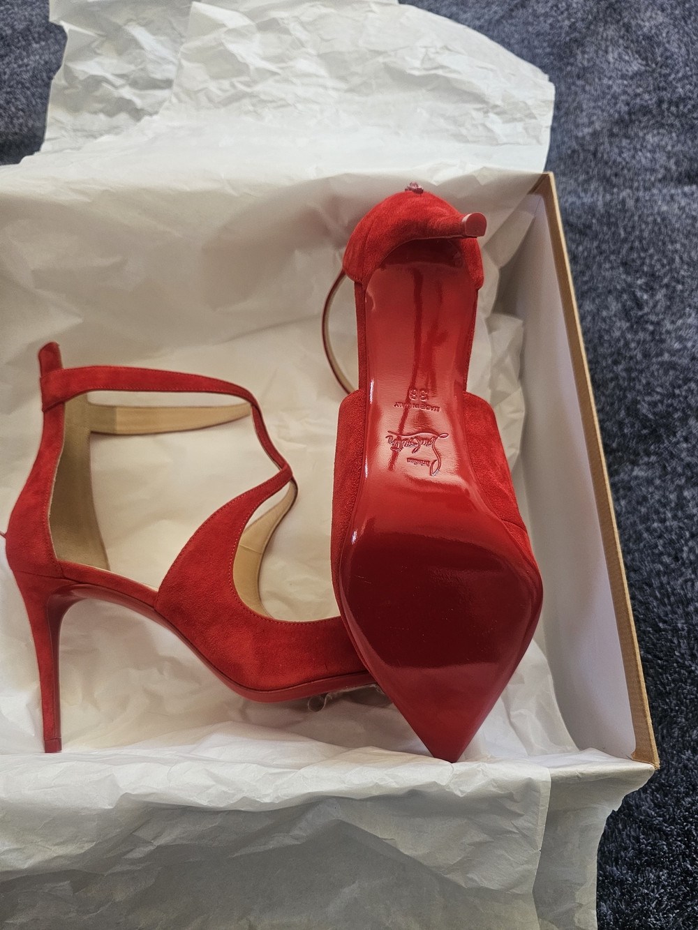Christian Louboutin Red Suede Pointed-Toe Heels with Decorative Ankle Straps - Picture 2 of 6